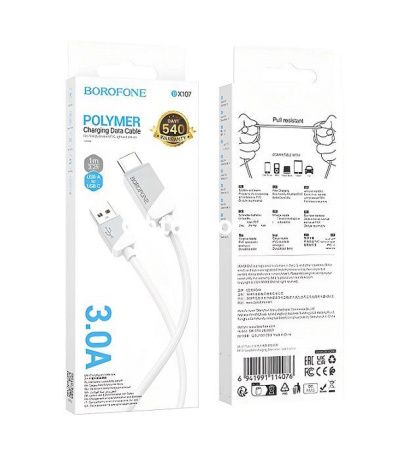 Купить Кабель BOROFONE BX107 3А (TYPE-C) 1 м. белый по цене 78,90 руб.