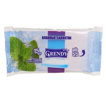 Купить Влажные салфетки "Grendy" в ассорт. (15 шт) 1/120  по цене 9,60 руб.